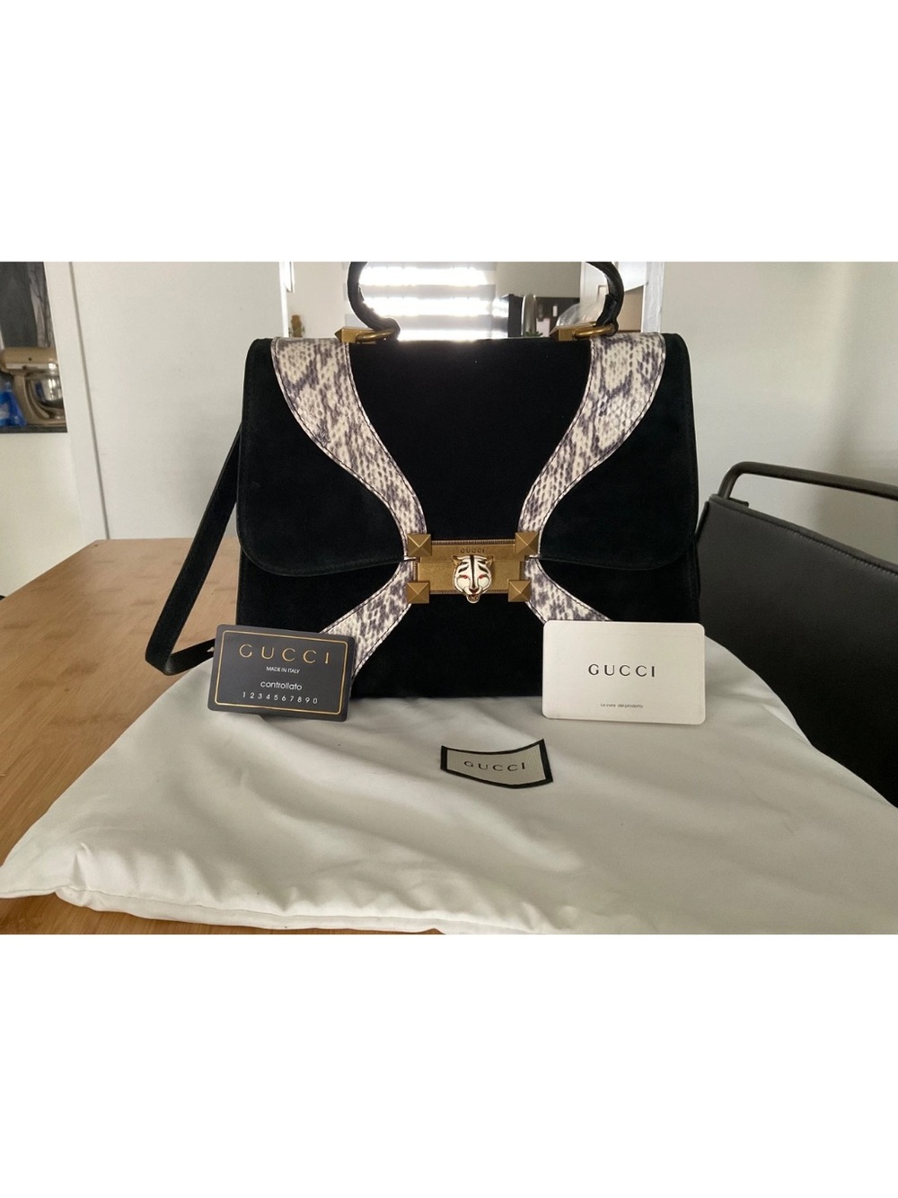Gucci Black Suede Satchel with Snake-Print Trim and Gold Hardware